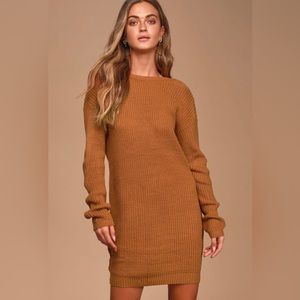 Lulus Bringing Sexy Back Camel Backless Sweater Dress